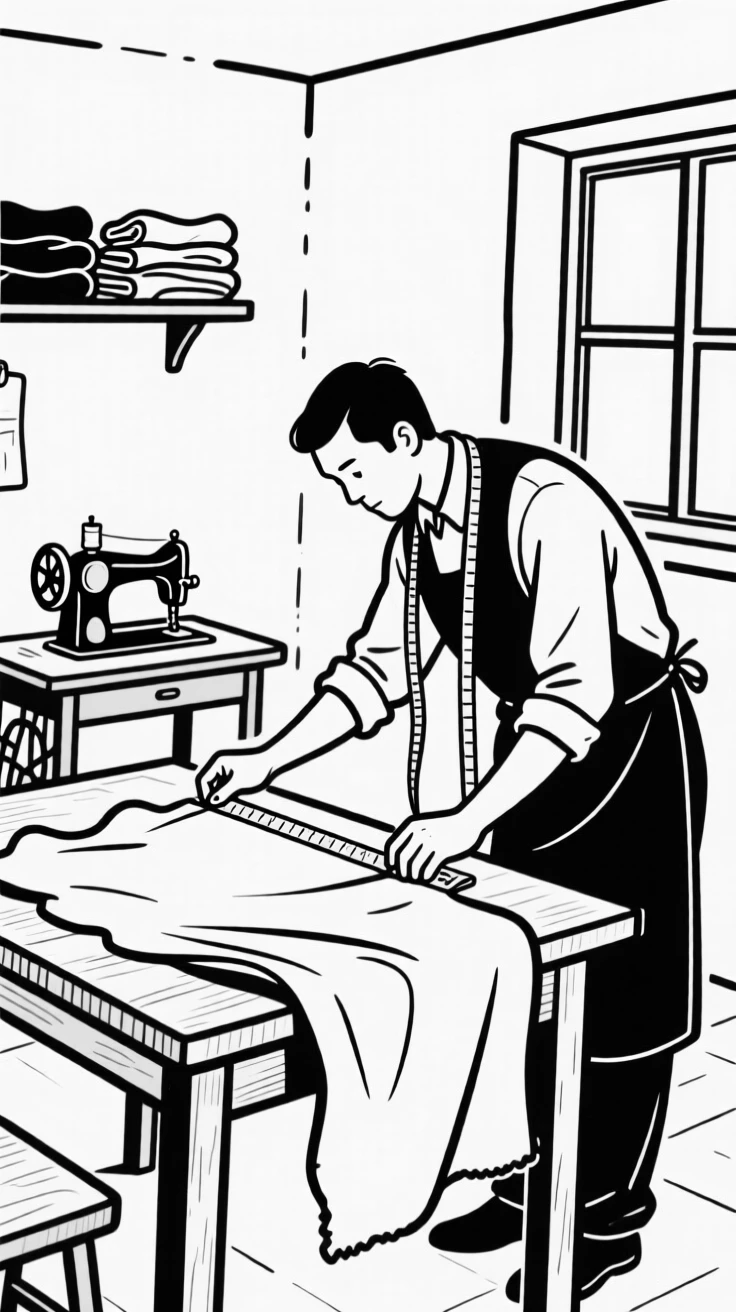 A tailor carefully measuring fabric in a small, cozy workshop.