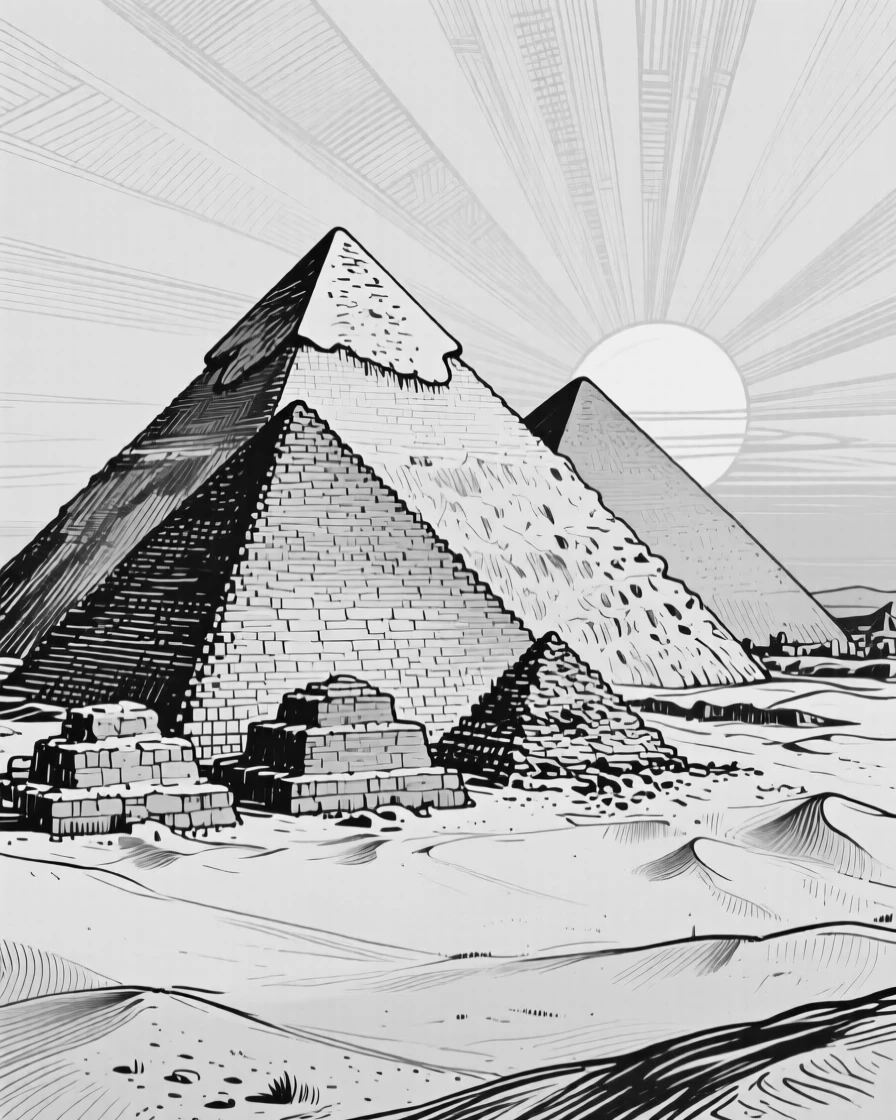 The ancient pyramids of Giza standing tall against a golden desert sunset.