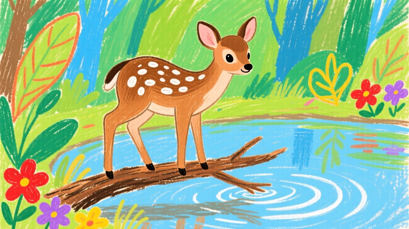 A spotted fawn perched on a fallen branch beside a forest pond.