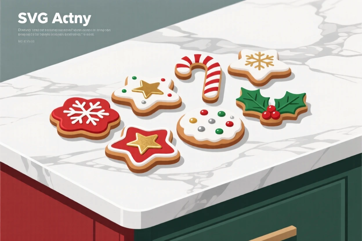 A set of holiday cookies decorated with colorful icing, placed on a smooth marble countertop, composed with gentle negative space around the object, with a clean, elegant simplicity.