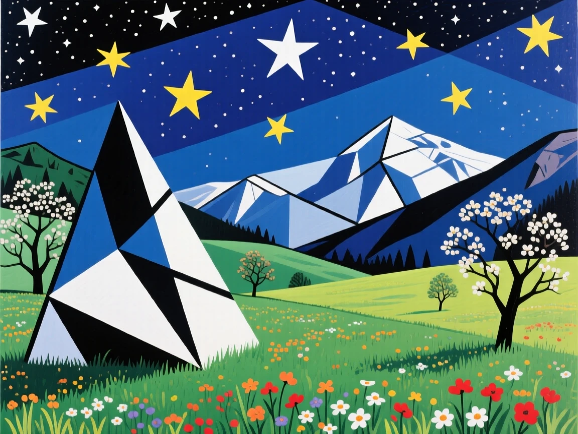A wide shot of a quiet alpine meadow beneath a star-filled night sky, in early spring.