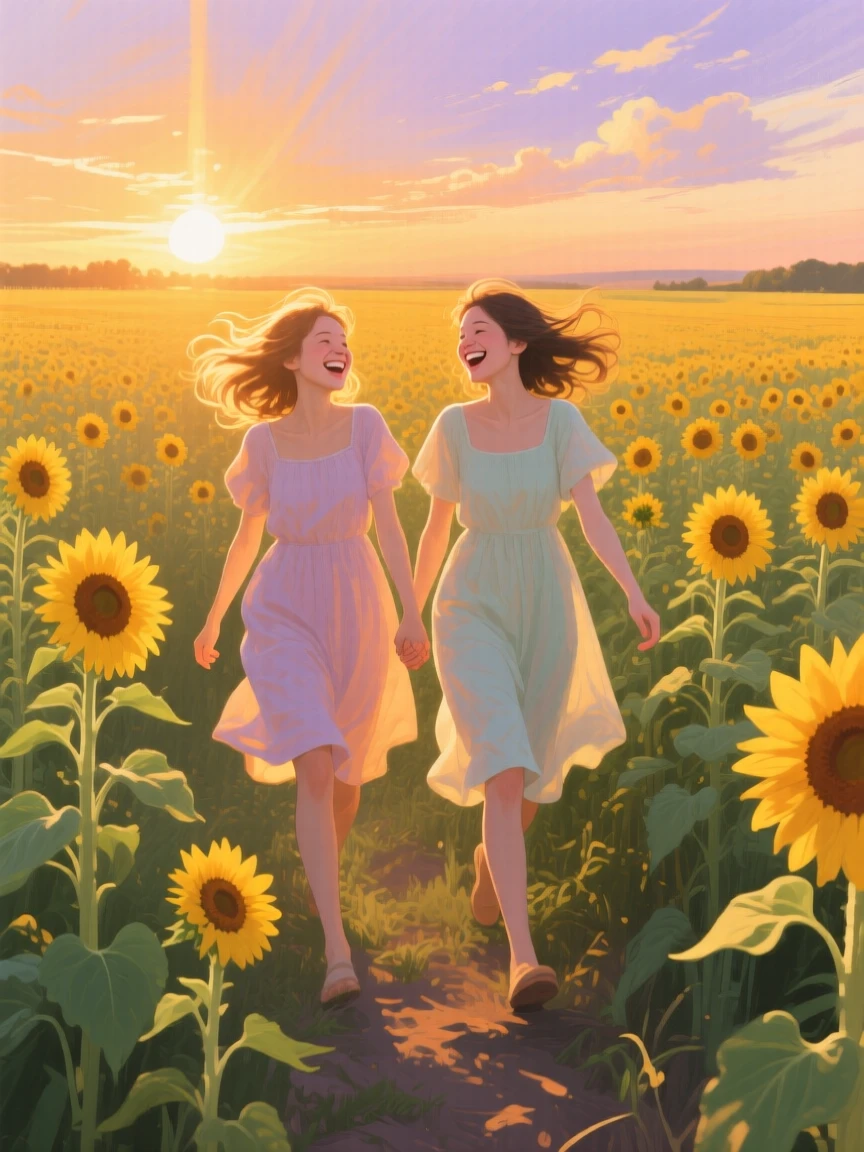 Best friends link arms and laugh together while walking through a field of sunflowers, golden light catching their windswept hair, soft ambient light gently shaping the contours of their face and surroundings.
