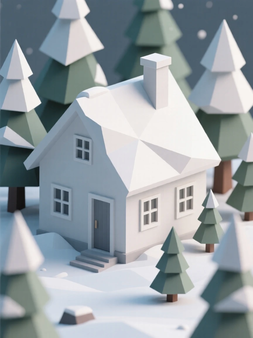 A snow-covered chalet nestled among pine trees, dusted lightly with fresh snow. fine architectural details are rendered with clarity. It captures a feeling of quiet discovery.