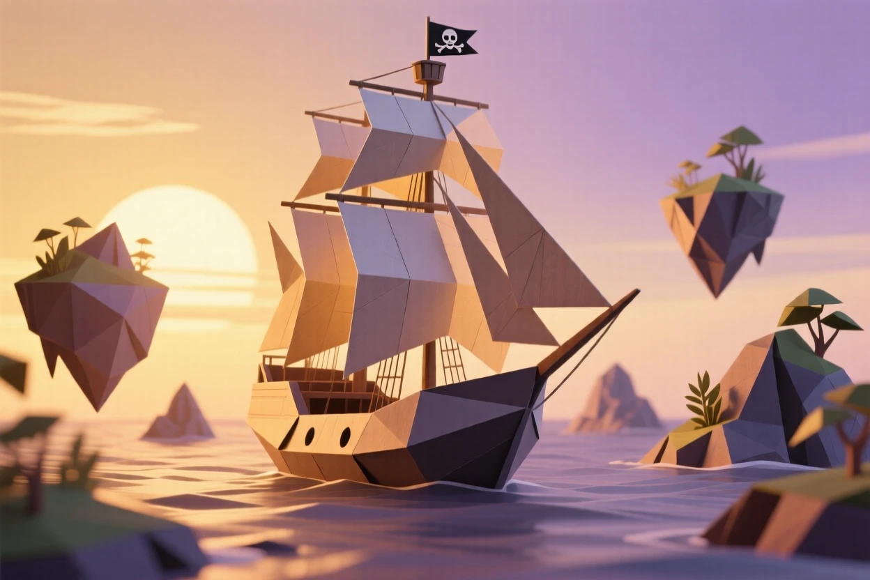 A sky pirate ship sailing between floating islands, sails catching a golden sunset.