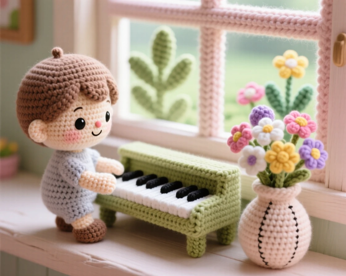 A tender everyday moment: a small child practicing piano with careful, focused fingers, playing a simple tune at a small keyboard inside a sunlit windowsill overlooking a garden; a small vase of fresh garden flowers completes the scene, full of quiet, unhurried domestic peace.