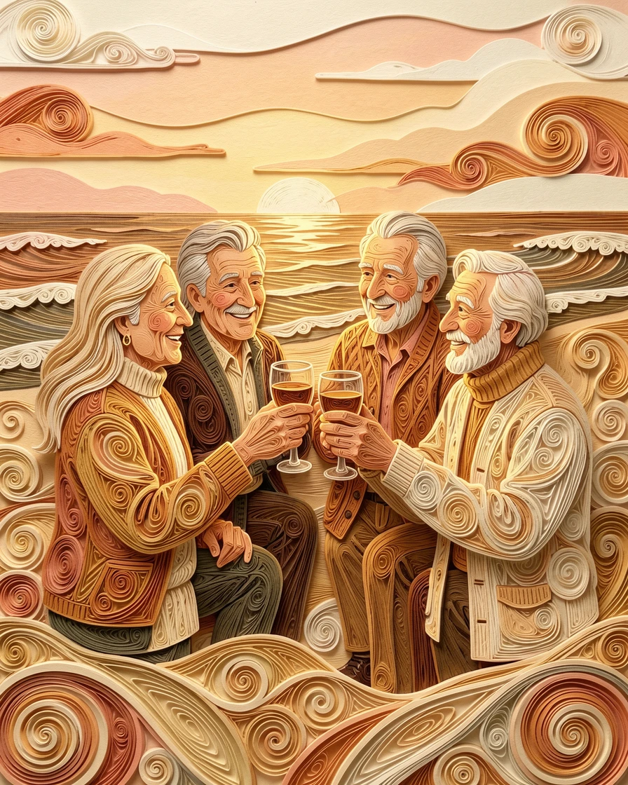 a group of old friends toasting together at a reunion, on a quiet beach at golden hour, composed with generous warmth and closeness between subjects, in soft, cozy tones of amber and cream.