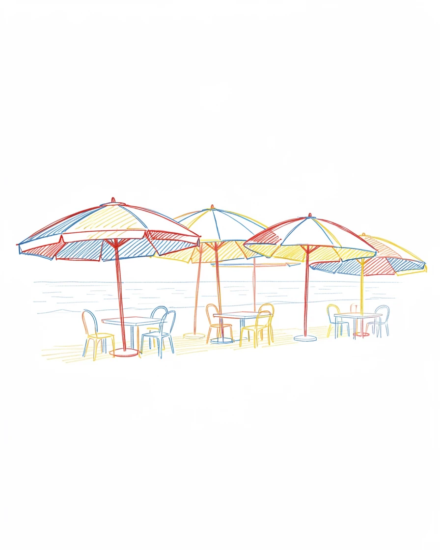 A colorful row of umbrellas over an open-air seaside restaurant