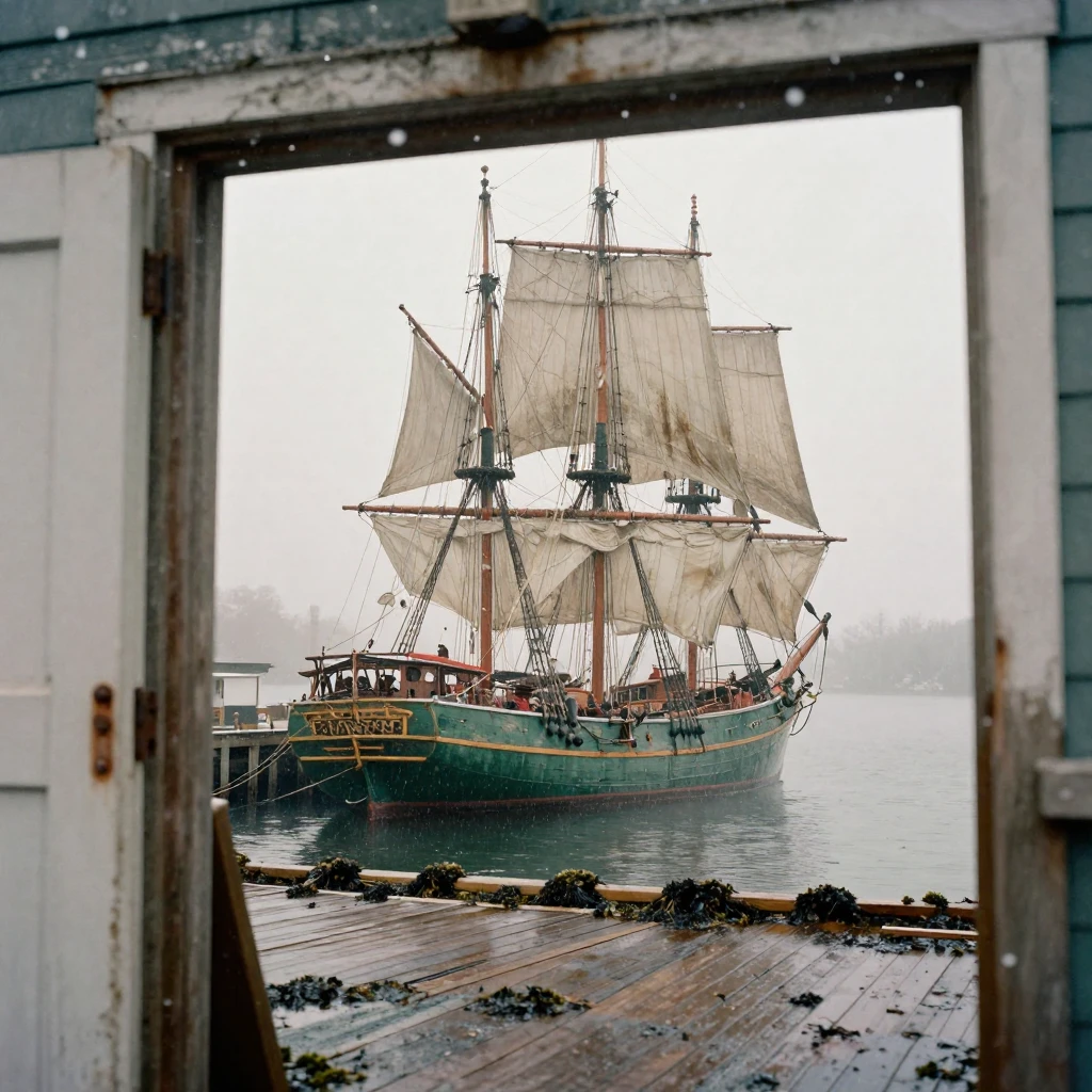 A weathered sailing ship anchored in a misty harbor, in gentle diffused daylight, under a light drizzle, under the first snow of winter, with deep emerald greens and browns, framed through an open doorway.