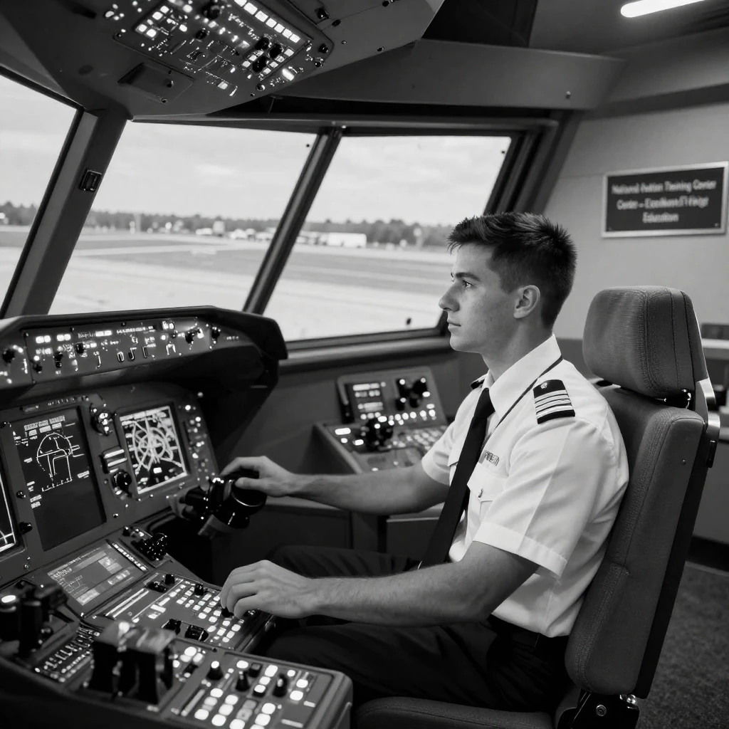 A pilot in training practices in a flight simulator inside an aviation training center.