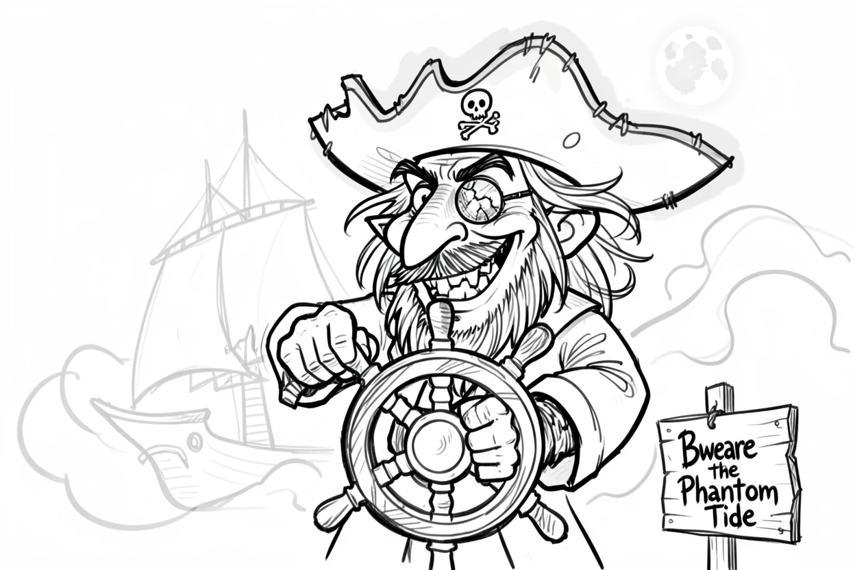 [Fantasy & Imaginative Scenarios] Imaginative fantasy scene of a pirate captain steering a ghost ship through misty waters, brimming with wonder