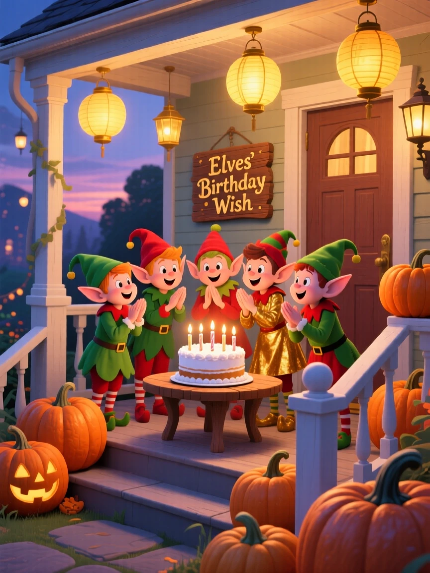 A group of cheerful elves gather in a pumpkin-lined front porch, making a wish while blowing out birthday candles, as golden lanterns glow warmly.