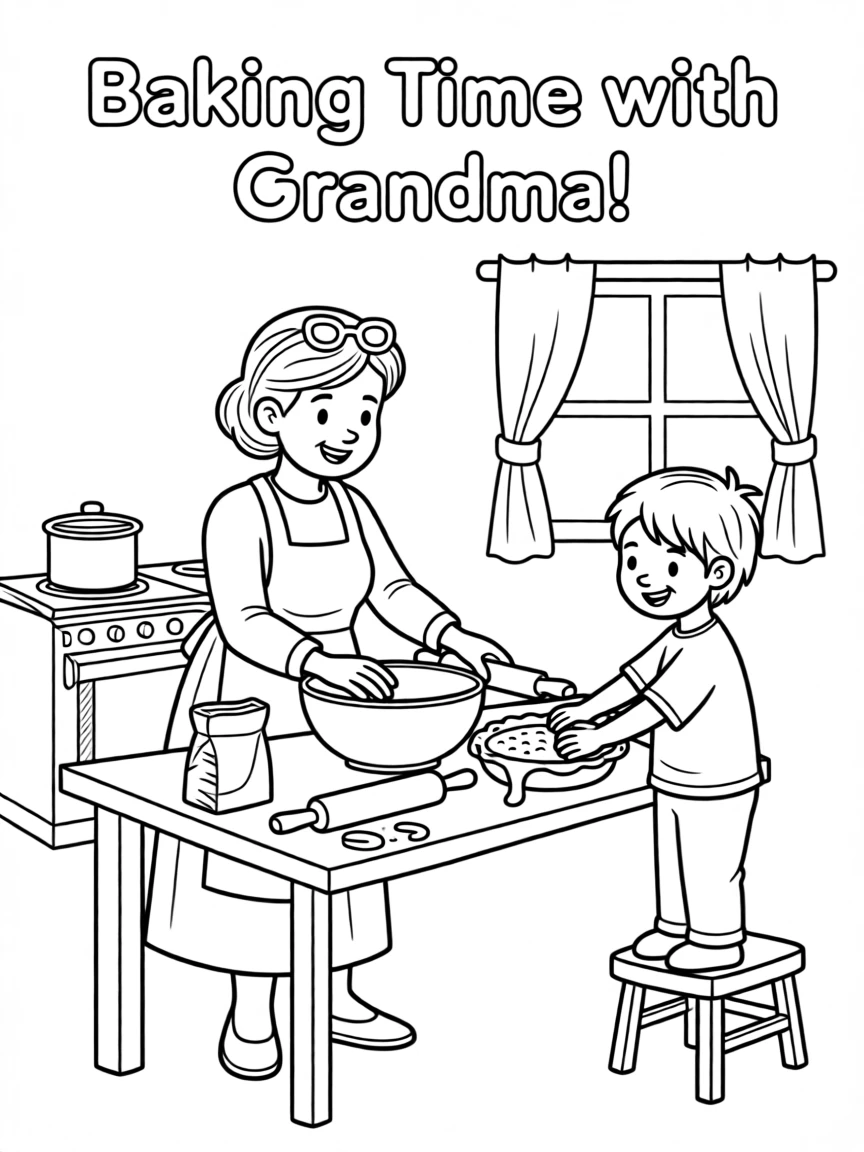 Grandma and grandchild baking a pie together in the kitchen