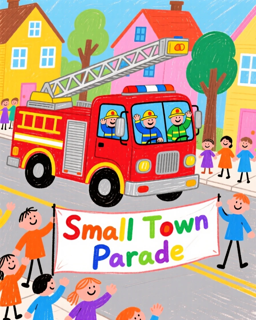 A bright red fire truck rolling through a small town parade.