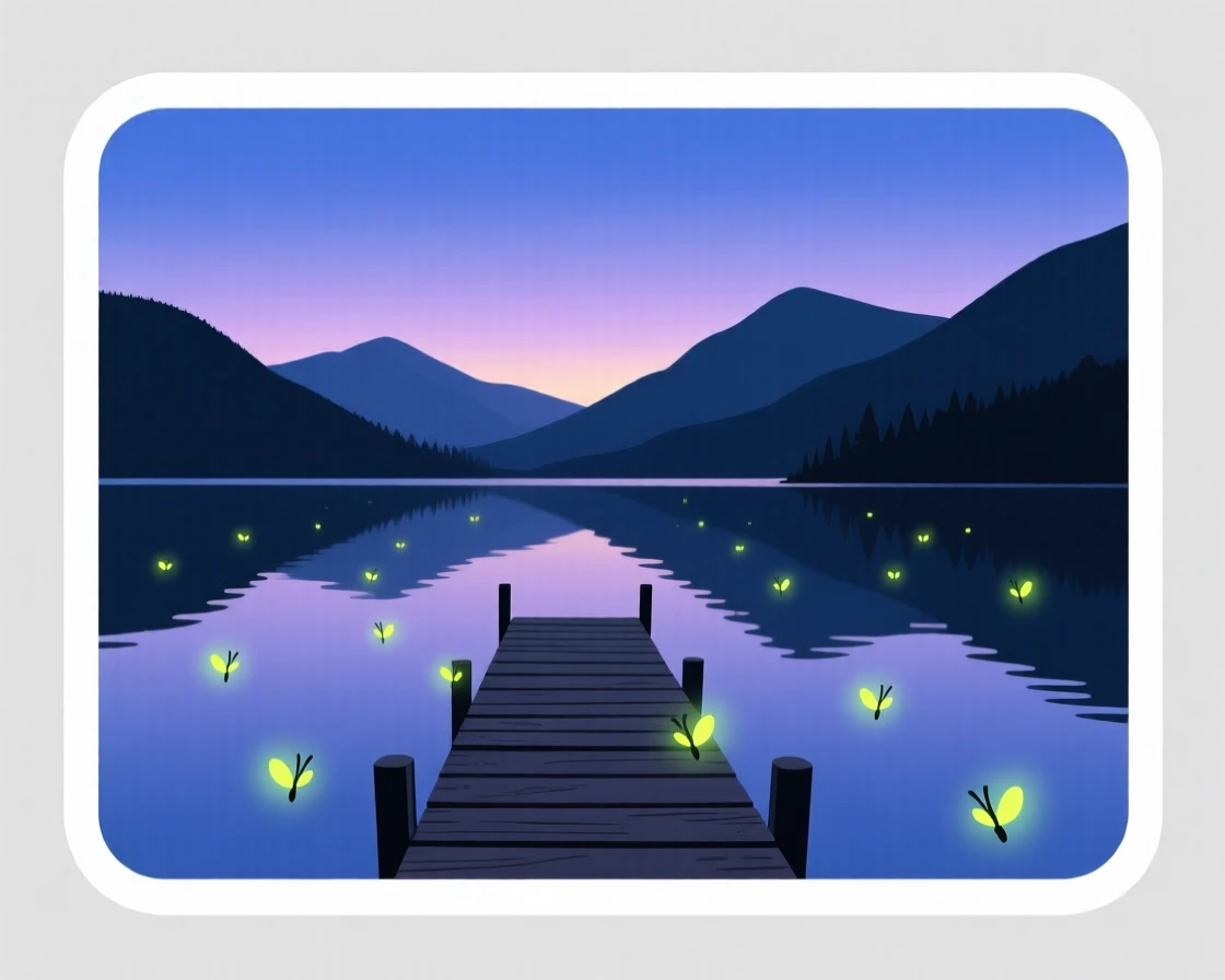 An idyllic mountain lake with a single wooden dock, with fireflies glowing softly in the dusk, during the quiet hours of early morning.