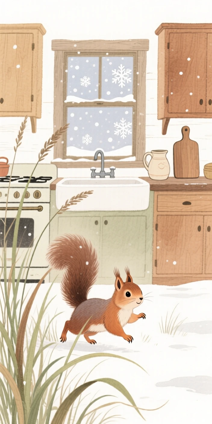 A baby squirrel hops through tall grass in a rustic farmhouse kitchen, with snowflakes drifting softly down