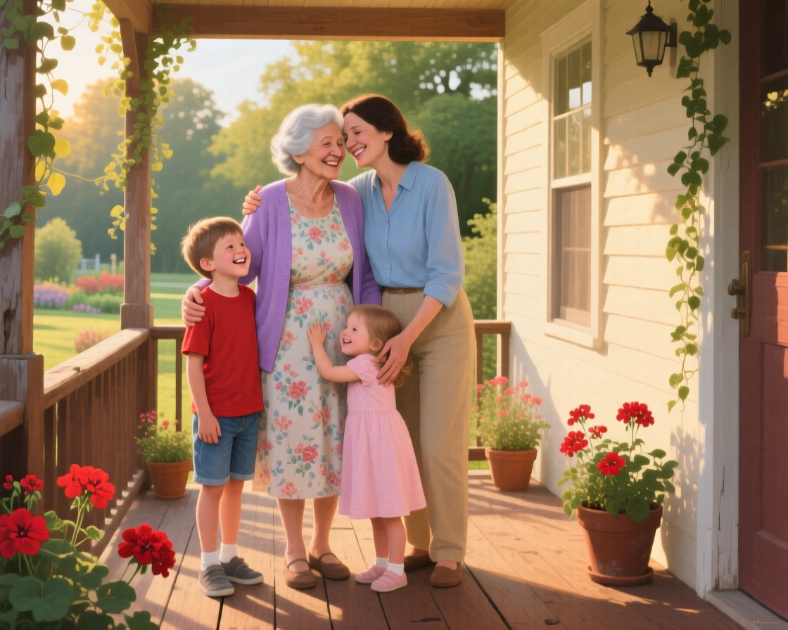 A grandmother embraces three generations of her family in a warm group hug on a porch, everyone smiling in the late afternoon sun, the surrounding environment framing them naturally without overwhelming the human focus of the scene.