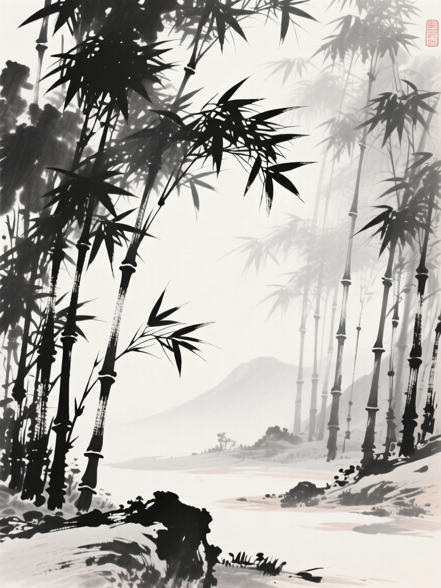 A grove of bamboo bends gracefully in a mountain breeze, as filtered light reaches the forest floor.