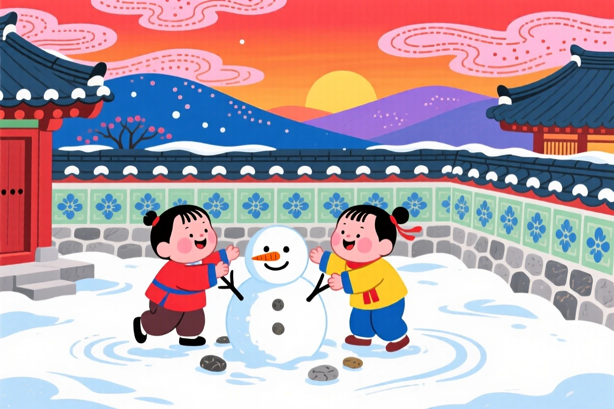 Children building a small snowman in a courtyard at sunset over rolling hills.