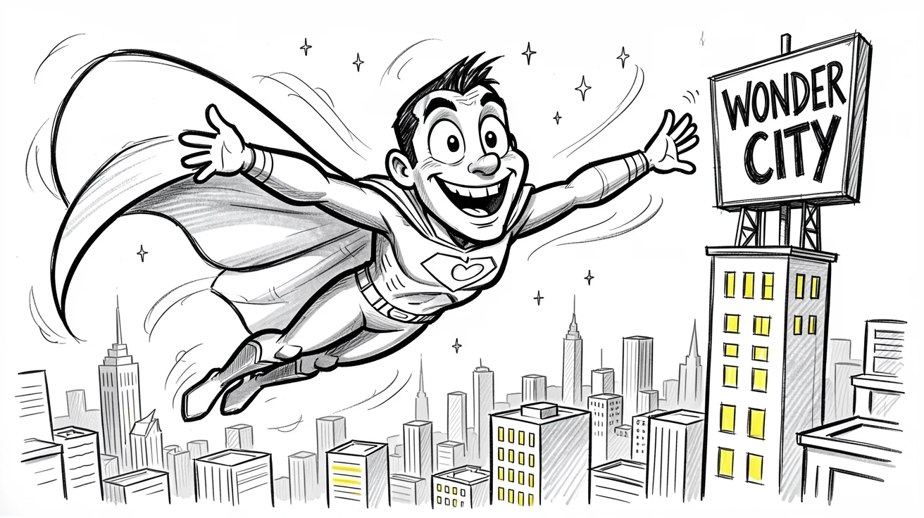 [Fantasy & Imaginative Scenarios] Imaginative fantasy scene of a superhero soaring through a city skyline with a flowing cape, brimming with wonder