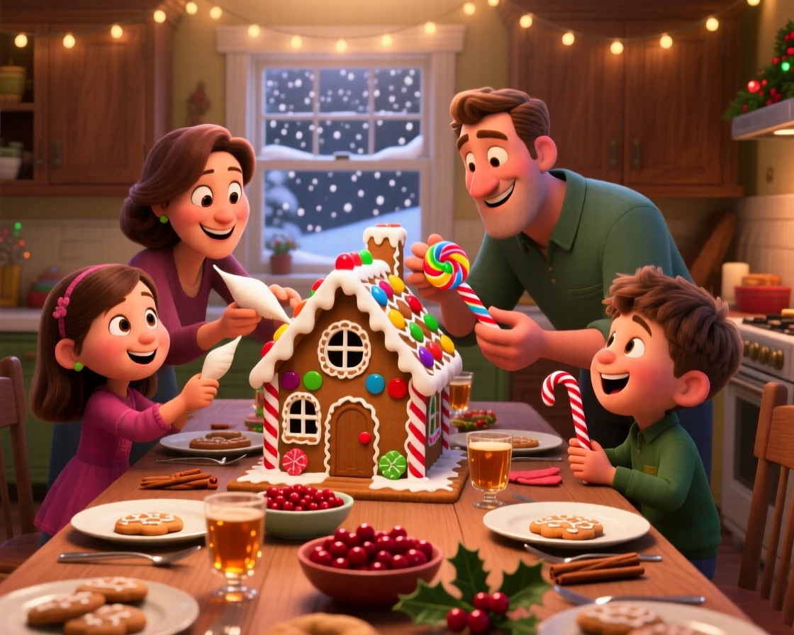 A family building a gingerbread house together happens at a long table set with a holiday feast, with soft snow drifting gently down. A bright, merry energy fills the entire scene.