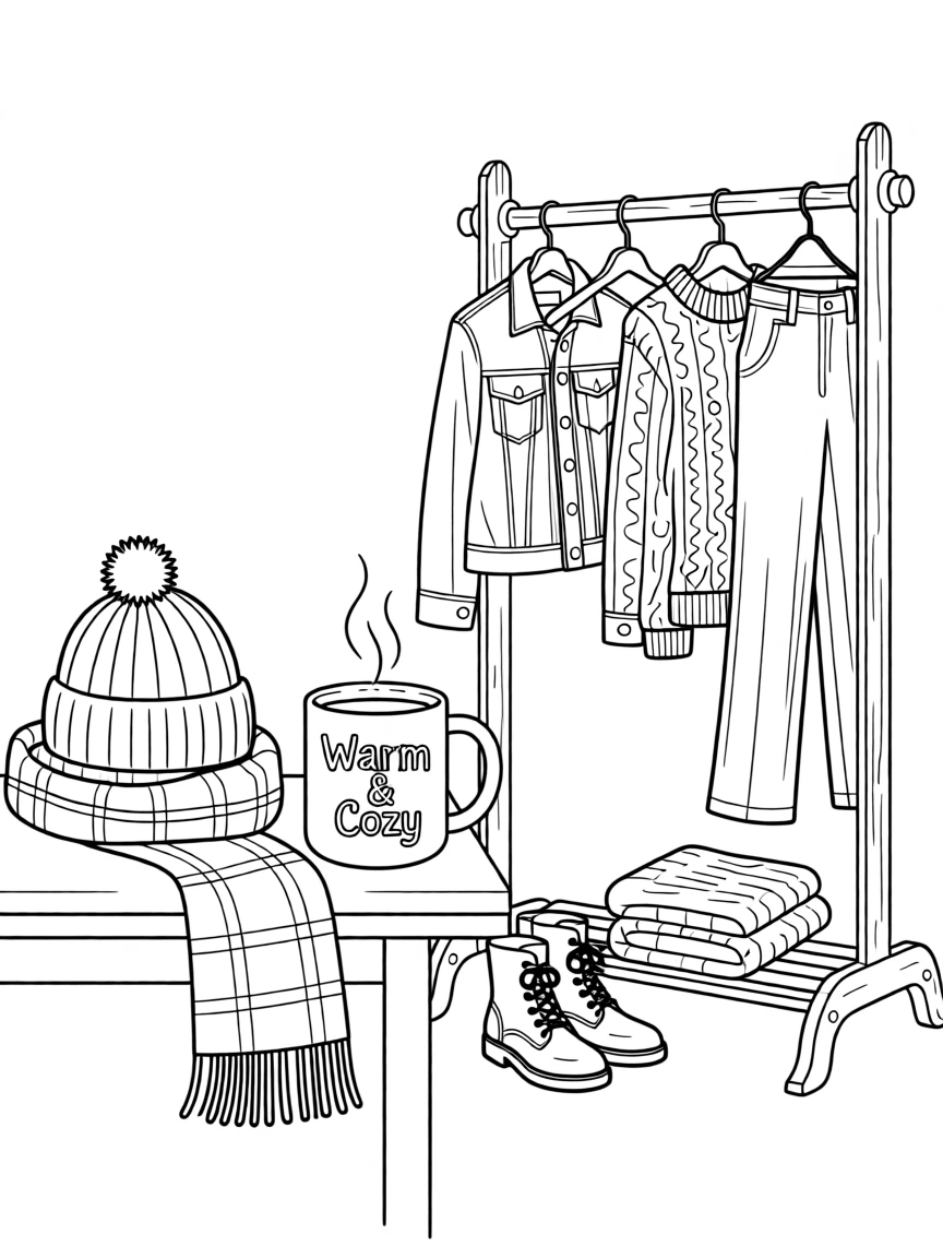 A beanie and scarf set beside a steaming mug, styled beside a rack of vintage clothing.