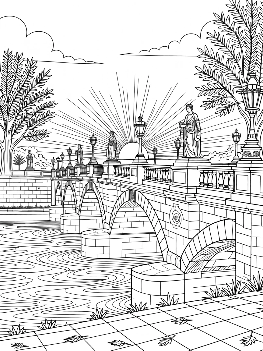 A historic bridge lined with statues at dawn.