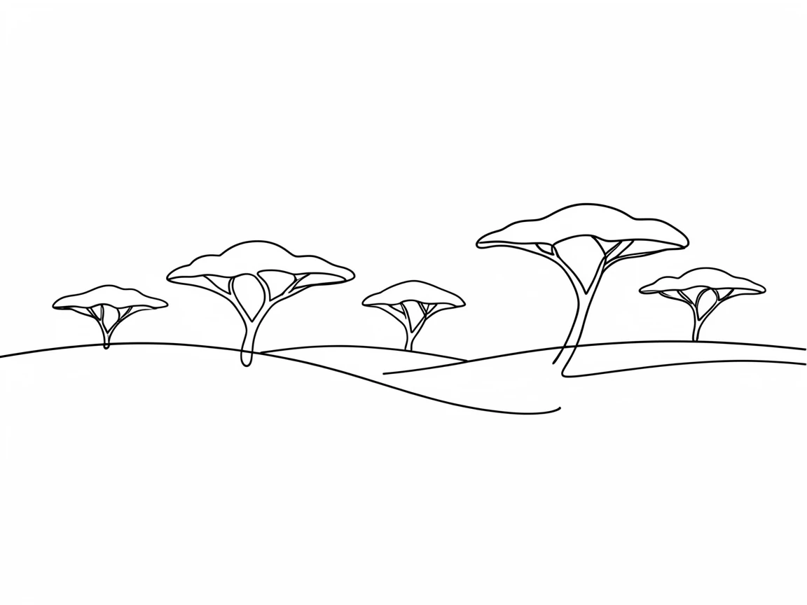 A wide savanna dotted with acacia trees stretching to the horizon