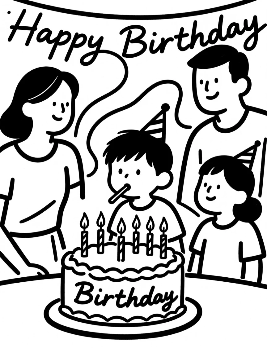 A child blowing out candles on a birthday cake surrounded by family.