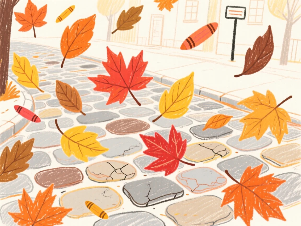 Autumn leaves swirling across a quiet cobblestone street.