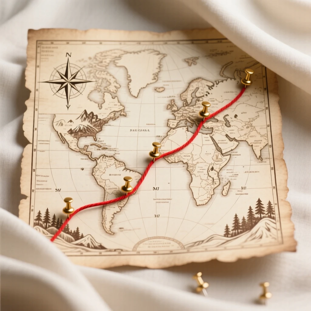 A vintage map with a red string tracing a travel route, set against a backdrop of soft draped fabric, captured with a close, detailed focus, with a clean, elegant simplicity.