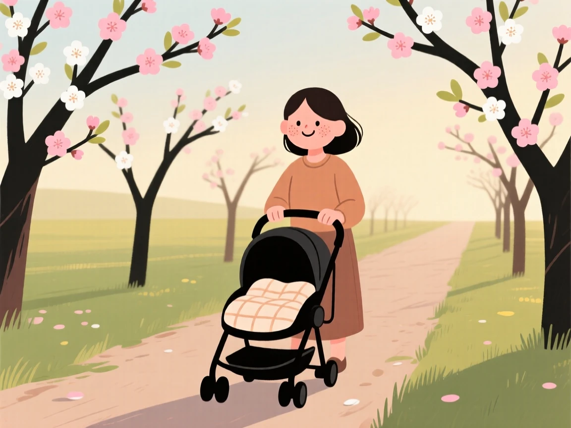 The first blossoms of spring open along a quiet orchard lane as a young mother pushing a stroller walks slowly by, breathing in the fresh scent of new blooms in the mild morning air.