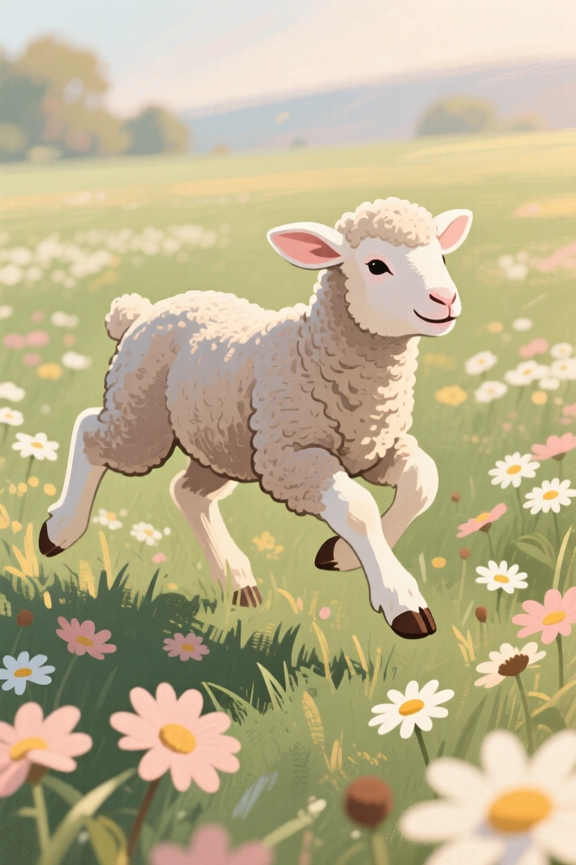 A lamb bounding through a spring field of daisies