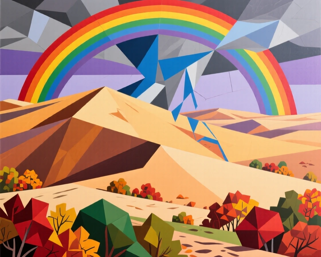 A sweeping wide view of a sweeping sand dune under a rainbow after a passing storm, during vibrant autumn.