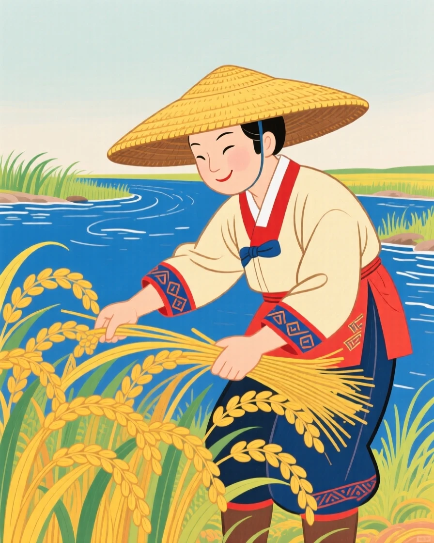 A farmer harvesting rice under a wide straw hat beside a quiet river.