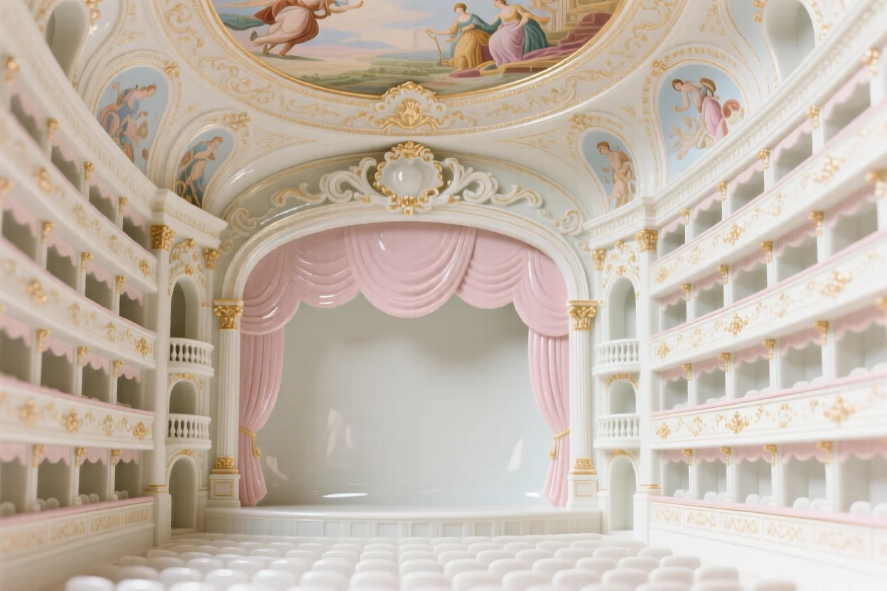 The ornate interior of an ornate opera house, intricate ceiling frescoes overhead.