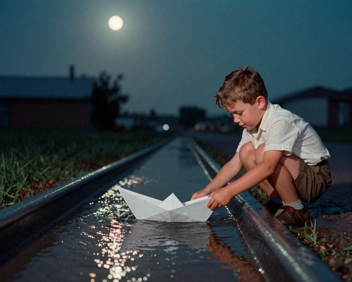 A little boy sailing a paper boat down a rain gutter, under moonlight, in still, windless air, in the height of summer, in vivid coral and turquoise hues, captured from a low angle looking up.