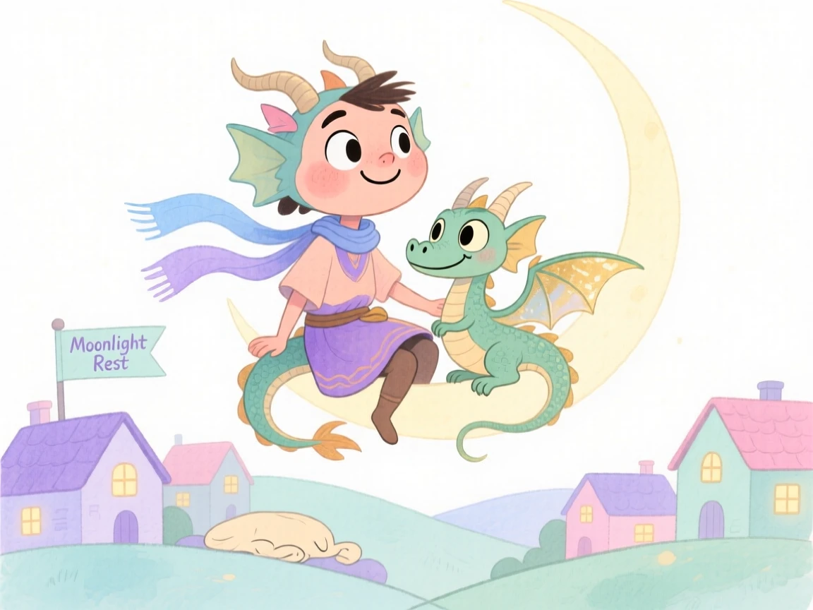 A dragon tamer perched on a crescent moon overlooking a sleeping village