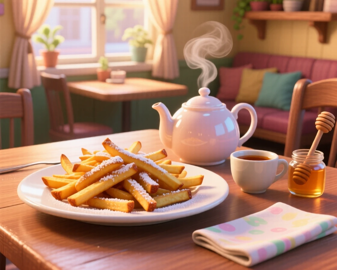 A plate of crispy golden fries sits on a tray beside a steaming teapot, with a light dusting of powdered sugar. The setting feels relaxed and satisfying.