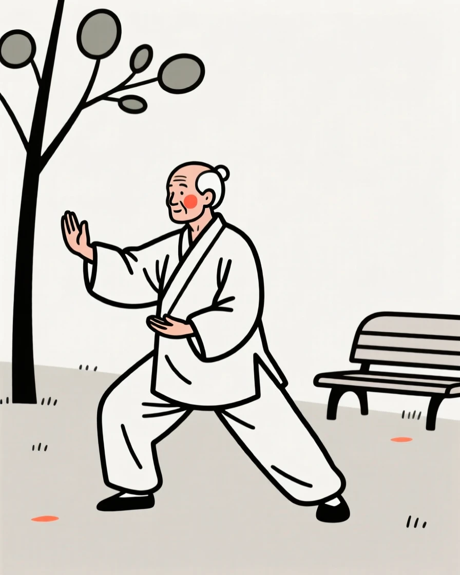 A grandfather practicing tai chi in a quiet park.