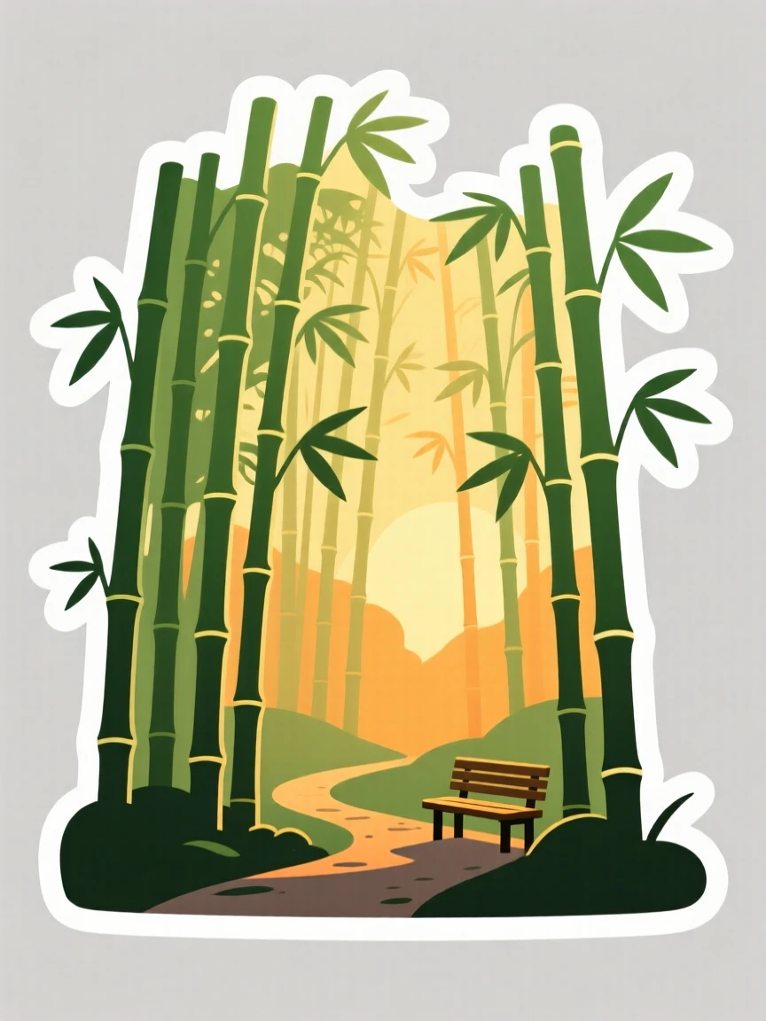 An idyllic bamboo forest with soft green light, bathed in golden hour light, on a peaceful weekend getaway.