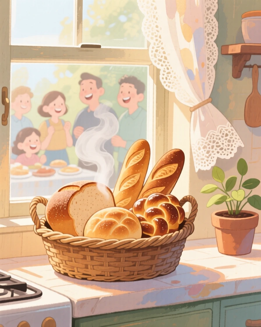 A basket of freshly baked bread cooling on a windowsill with steam rising, filled with the simple pleasure of good food and good company.