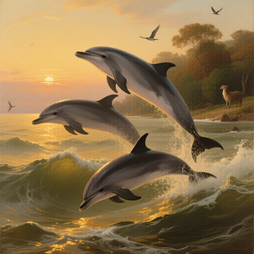 A pod of dolphins leaping through golden evening waves as instinct and elegance move in perfect harmony, set within an untouched wilderness far from human hands, with feathers, fur, or manes catching the light in fine, luminous detail; the composition balances raw power with graceful, natural stillness, evoking wonder, majesty, and reverence for the natural world.