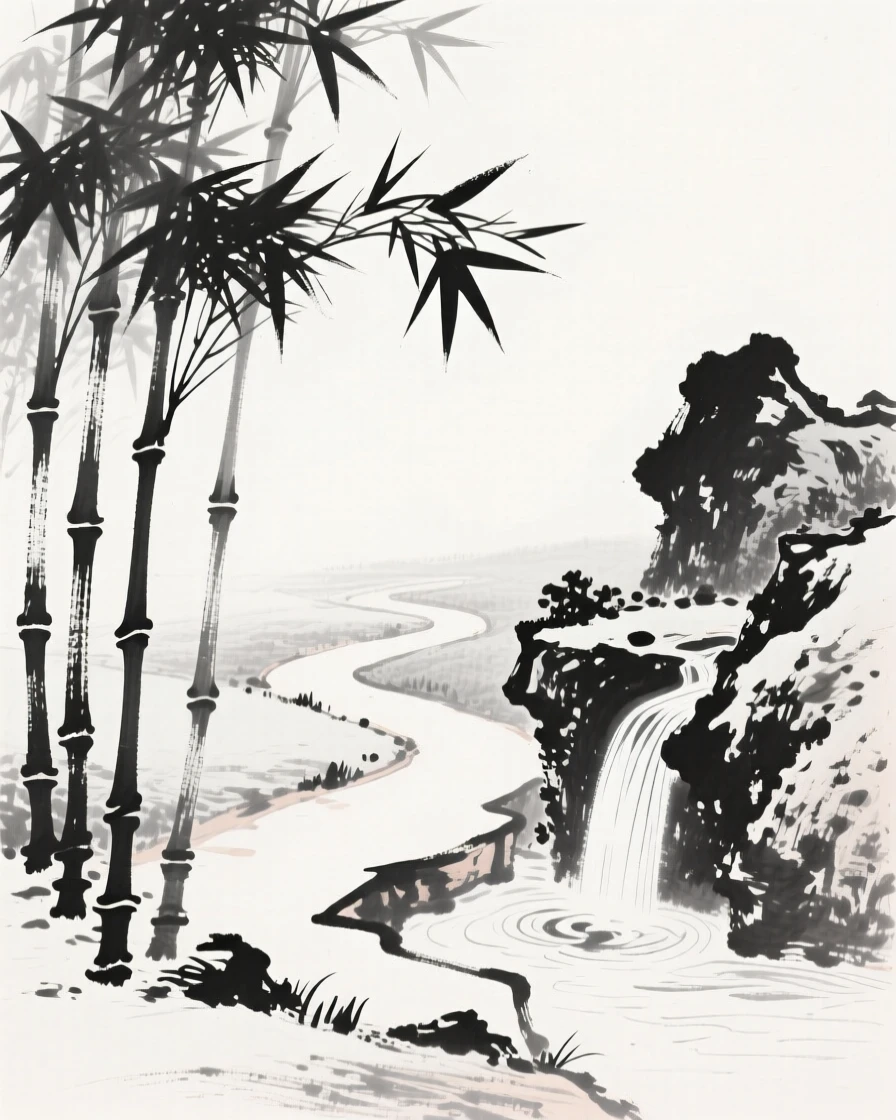Tall bamboo stalks rise beside a quiet garden path, beside a small trickling mountain spring.