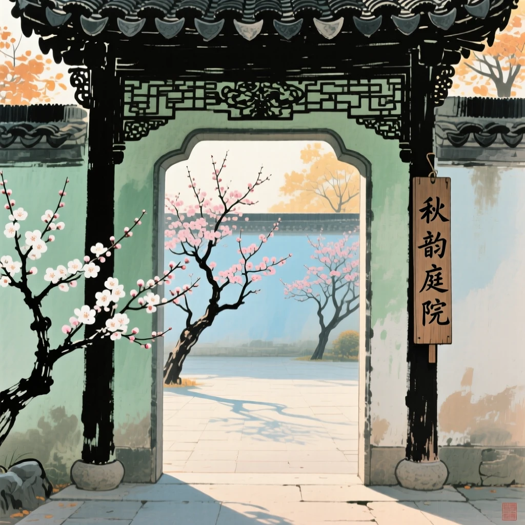 An ornate gateway leading into a courtyard of blooming plum trees, in the soft light of late afternoon, in late autumn.