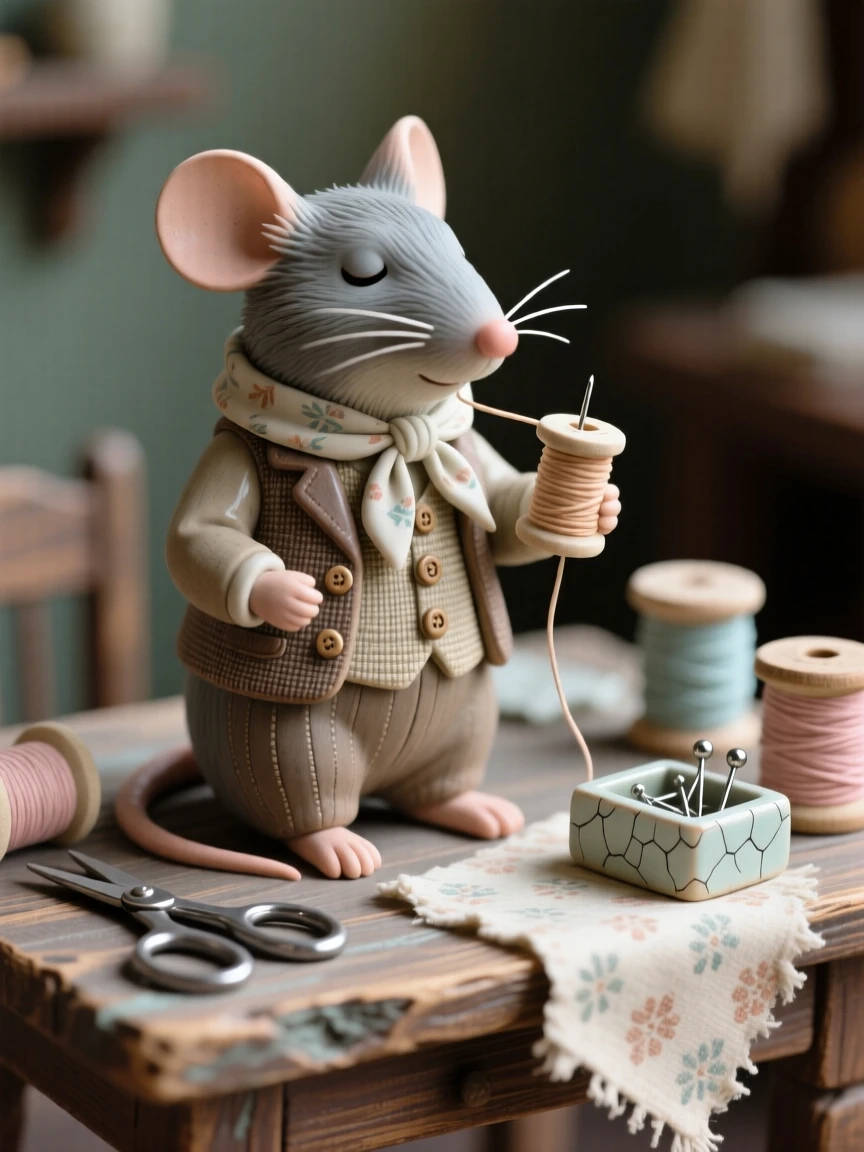A tiny mouse dressed as a tailor with thread in hand arranged as if from a beloved fairytale page, surrounded by tiny, carefully placed props, radiating coziness and storybook charm.