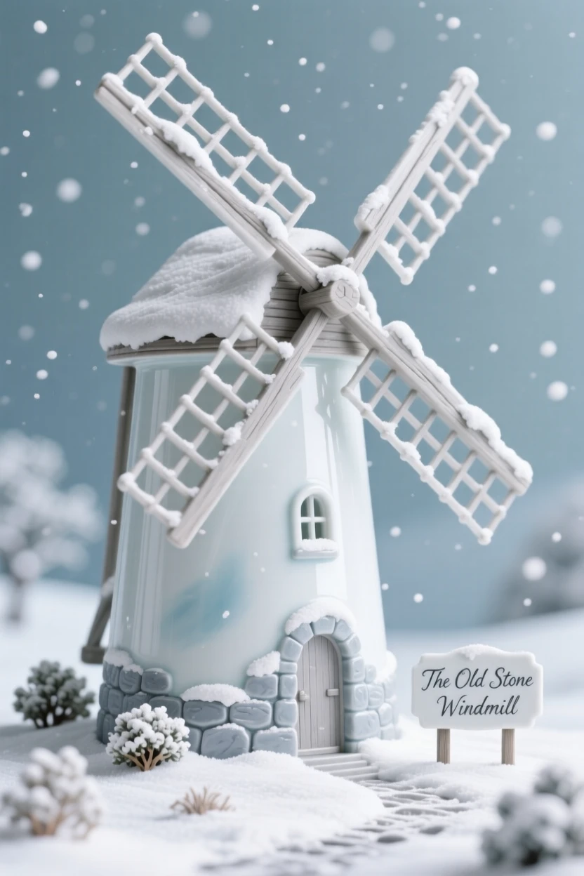 A grand view of an old stone windmill, dusted lightly with snow.