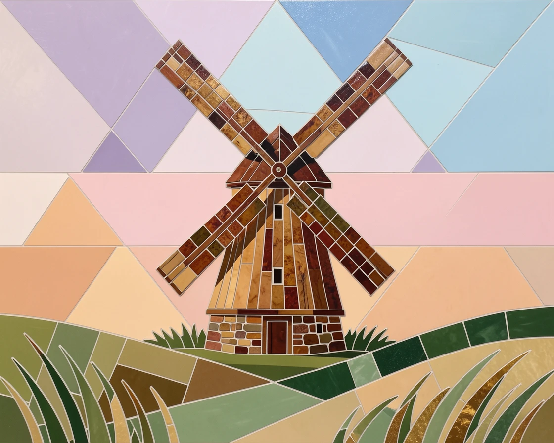A rustic windmill turning slowly against a pastel evening sky.