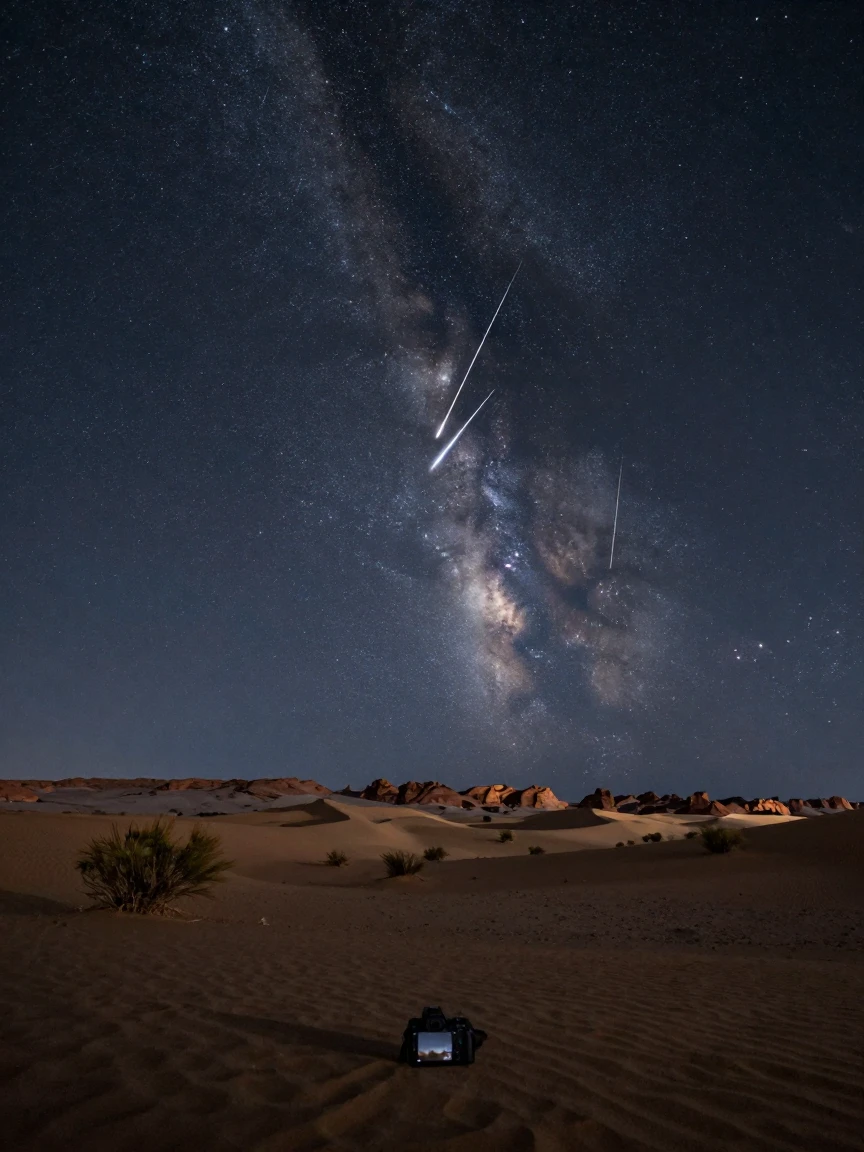 A meteor shower streaking across a star-filled desert sky