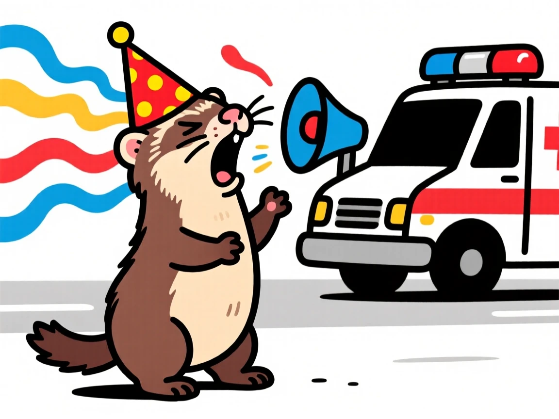 A playful pet moment featuring a curious ferret howling dramatically at a passing siren, with a birthday hat slightly askew.