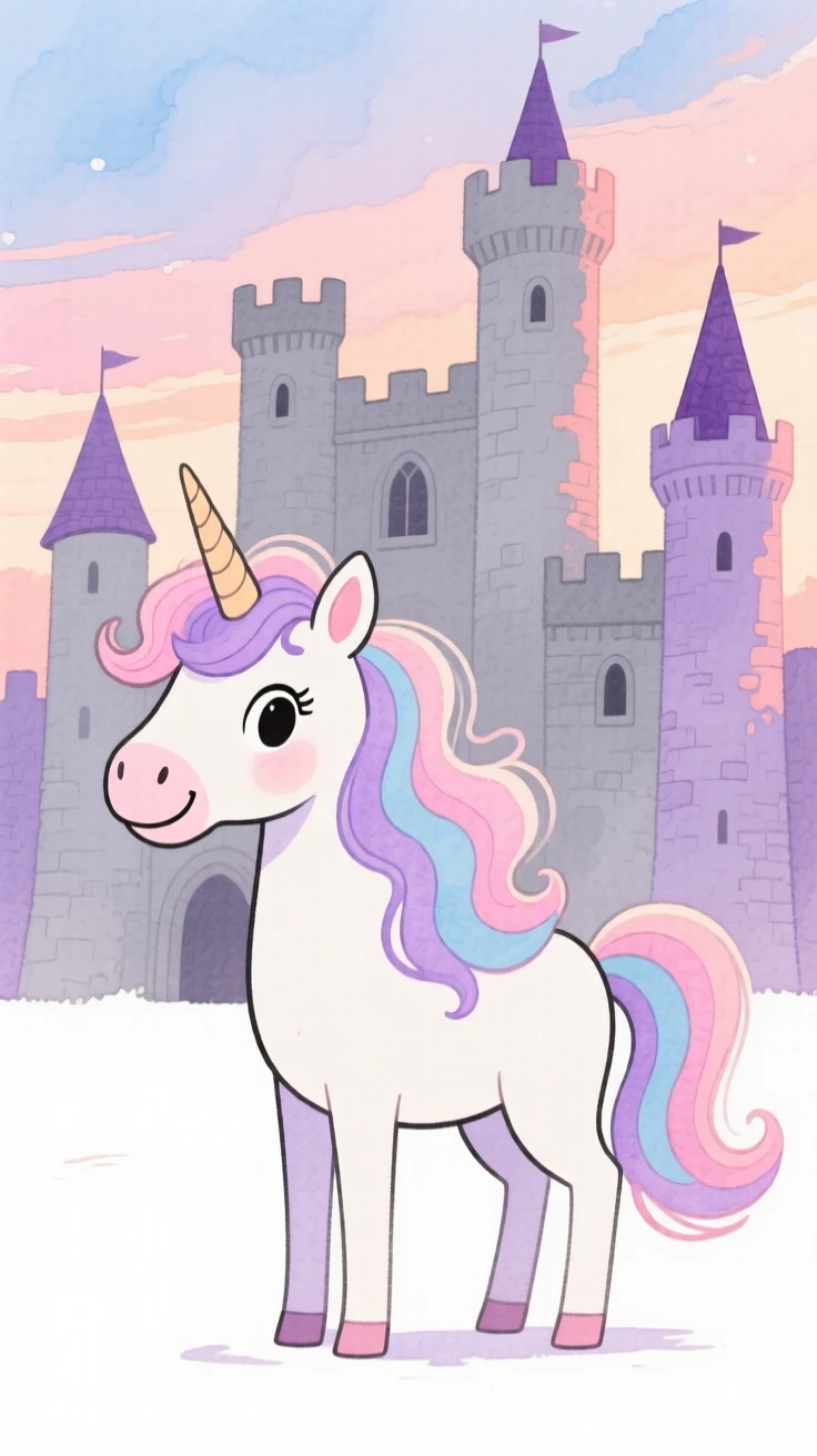 A unicorn with a flowing mane standing before an ancient castle at dusk